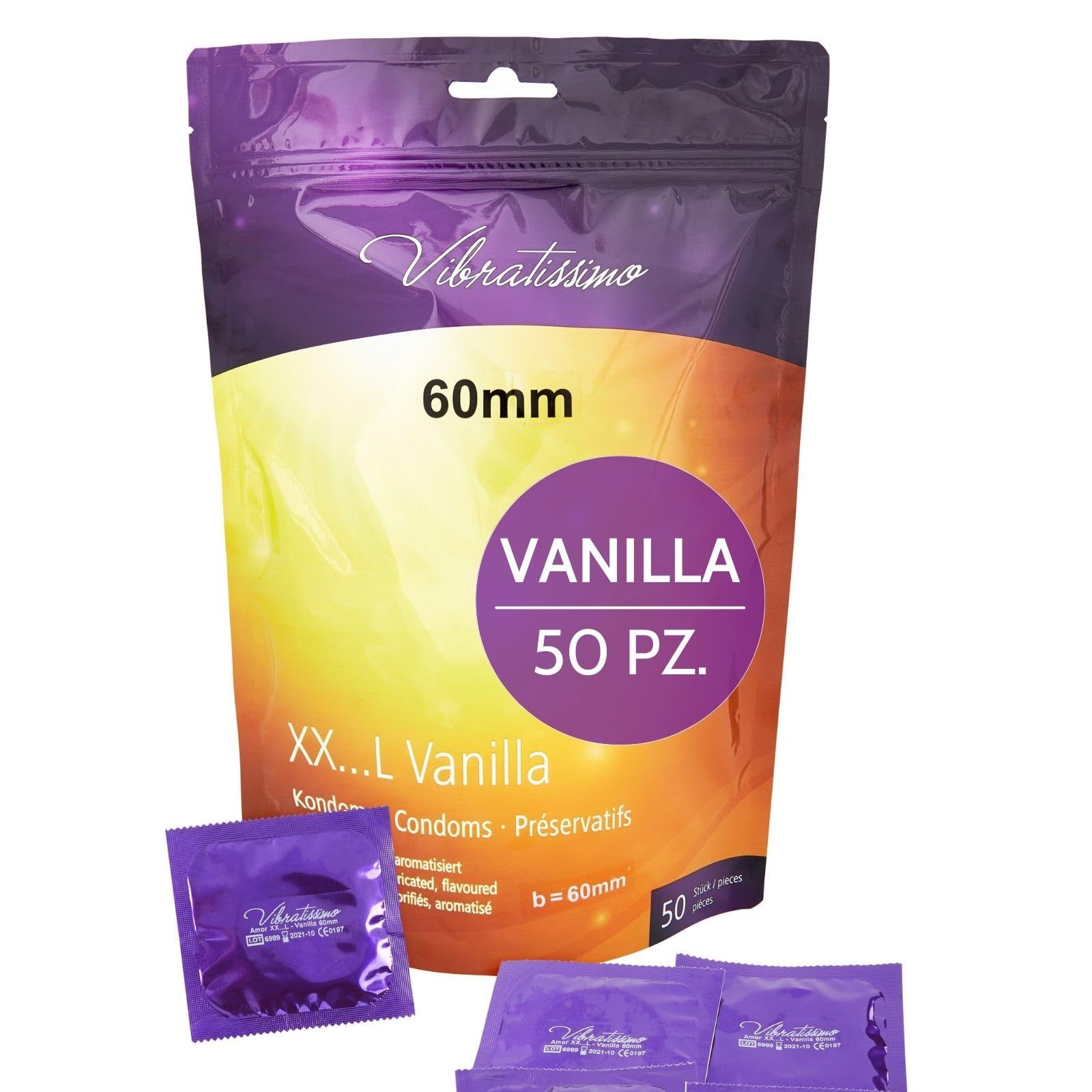 Preservativi Vibratissimo Vanilla XXL, 50 pezzi, larghezza 60mm. Preservativi aromatizzati e naturali.