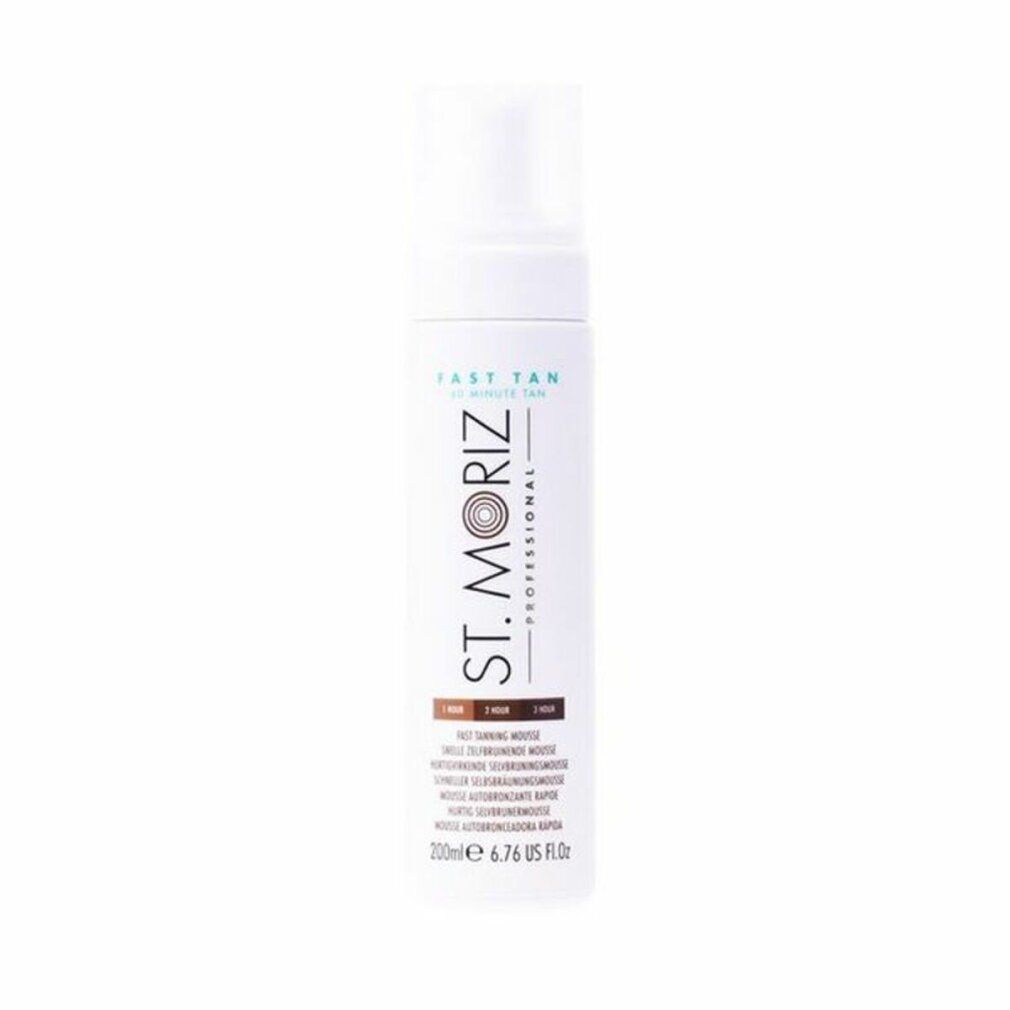 Flacone bianco con vaporizzatore. Scritta: St. Moriz Professional, Fast Tan. Sfumature di colore: 1 ora, 2 ore, 3 ore. 200ml.