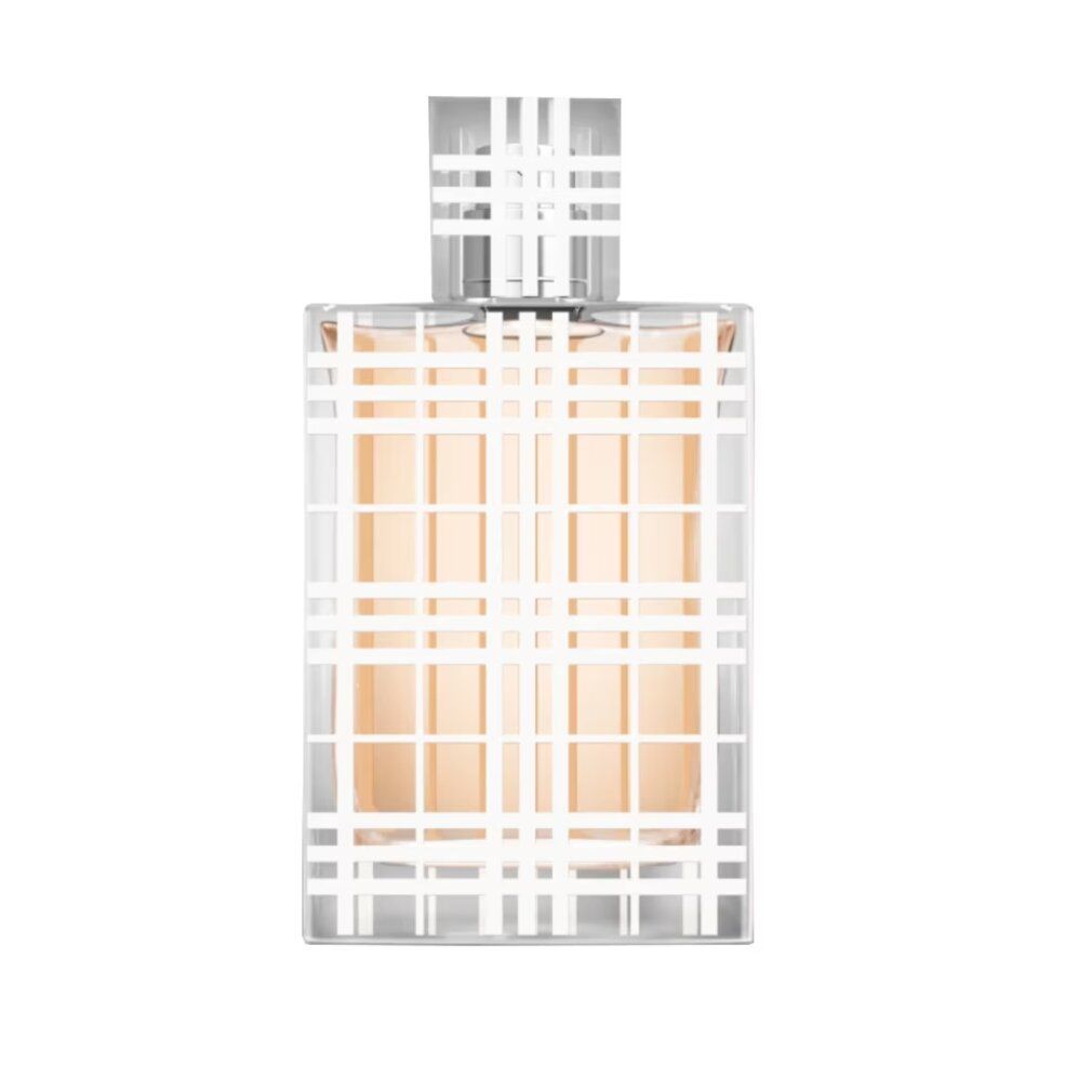 Flacone Burberry Brit Eau de Toilette. Forma rettangolare, bottiglia di vetro trasparente con contenuto chiaro e tappo argentato.