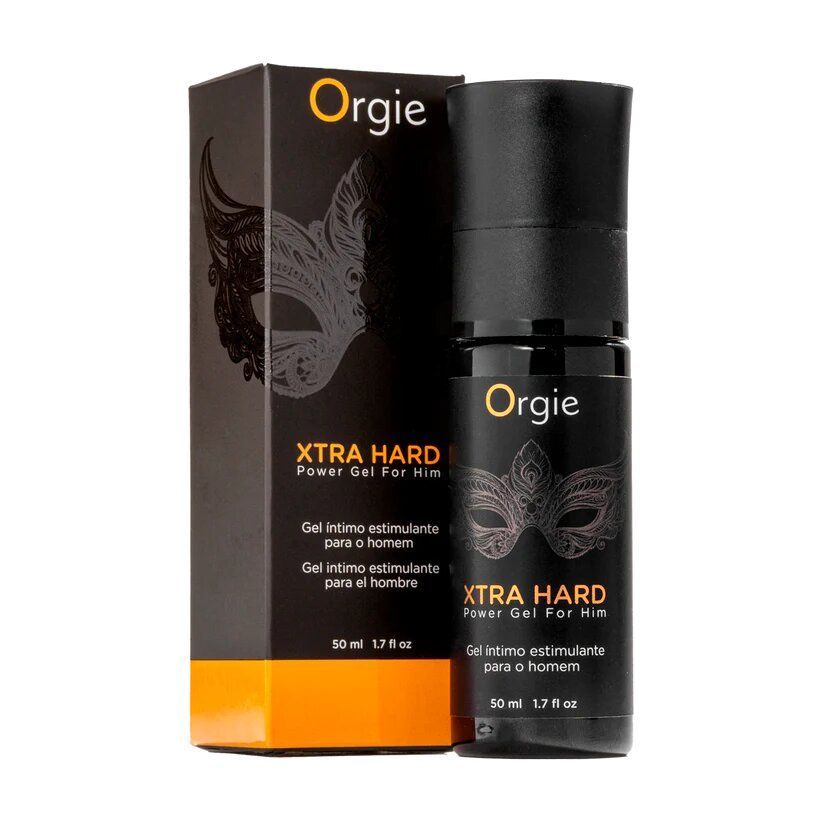 Prodotto e confezione. Flacone e scatola neri con logo e design a maschera. Testo: XTRA HARD Power Gel For Him.