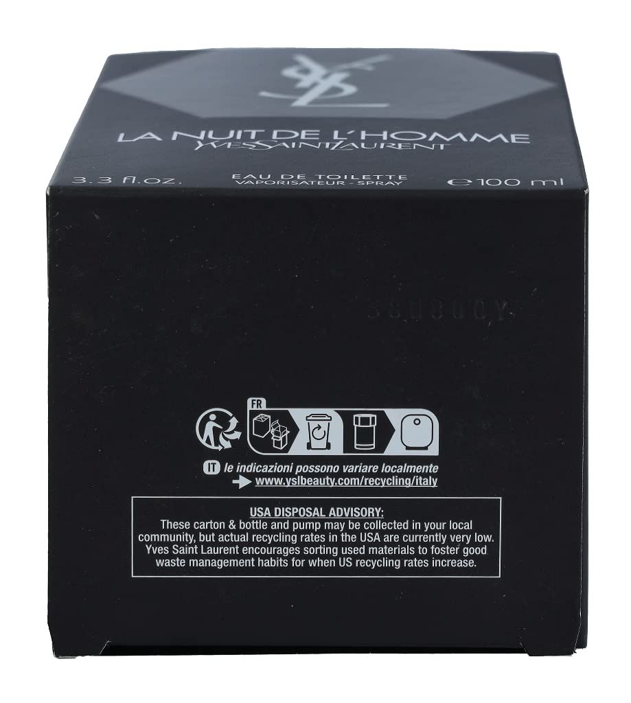 Retro di una confezione nera. Contiene testo, simboli di riciclaggio e il marchio YSL. Visibili "EAU DE TOILETTE" e "100 ml".