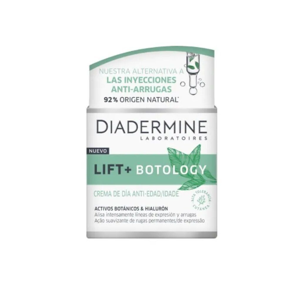 Crema giorno Diadermine Lift Botology. Confezione bianca e verde. Testo: Anti-rughe, 92% origine naturale, Lift+ Botology.
