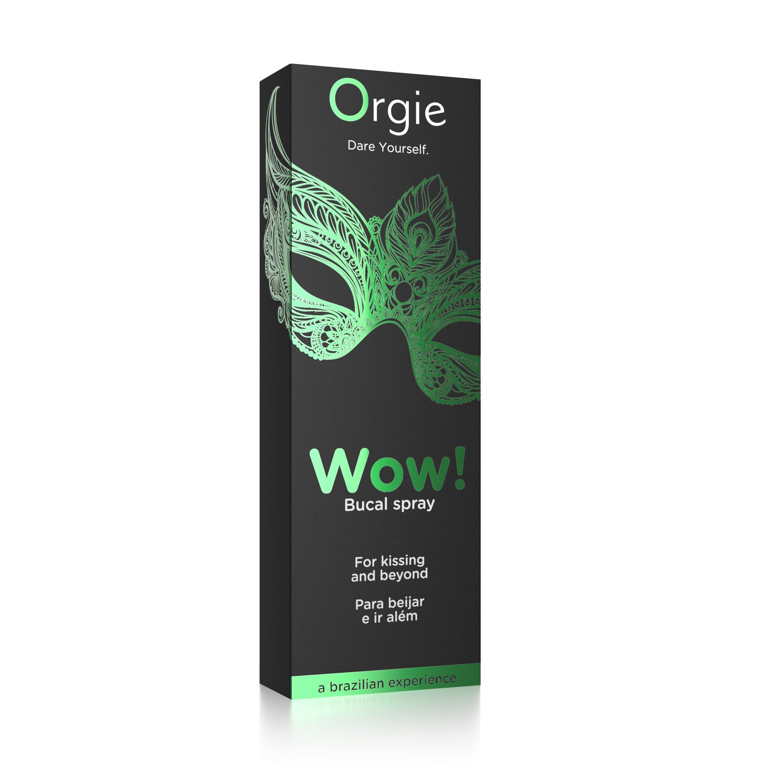 Scatola nera con design a maschera verde e testo. Marchio Orgie. Contiene testo in inglese e portoghese.
