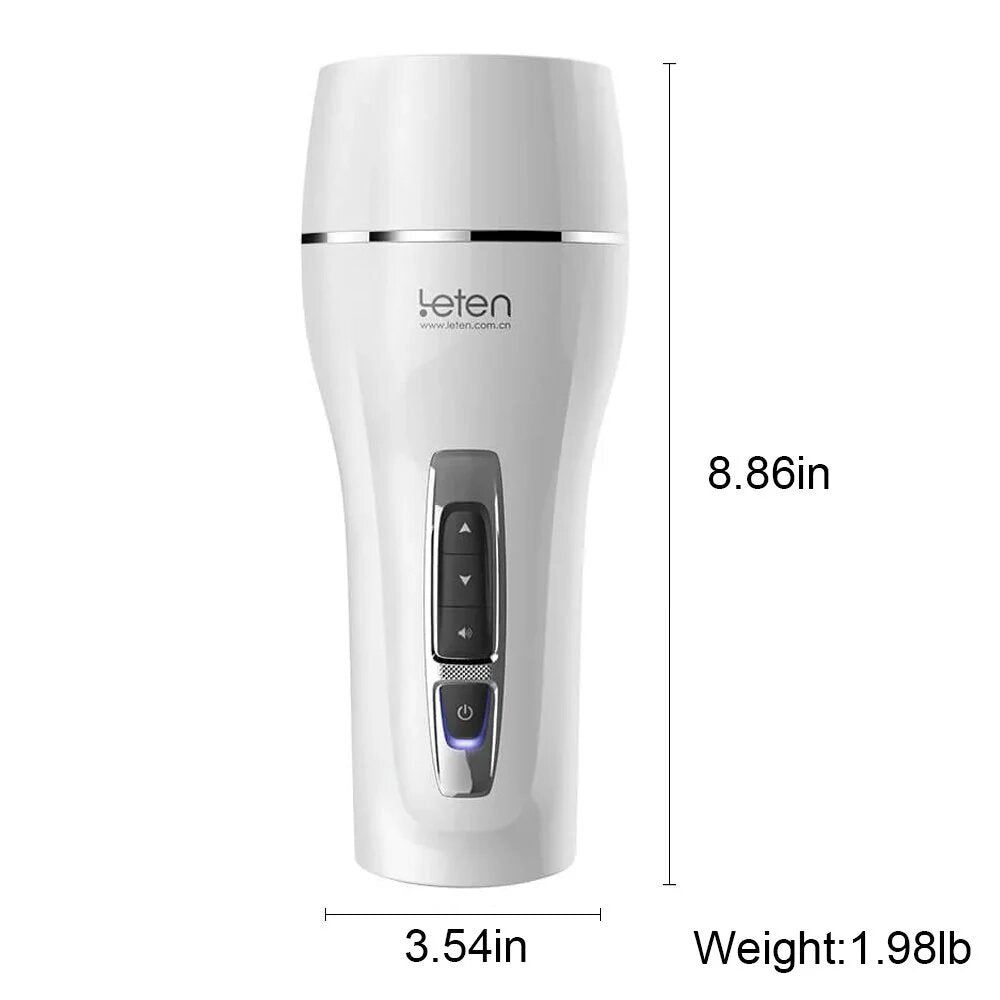 Dispositivo bianco con comandi e dimensioni. Dimensioni: 8,86 pollici alte, 3,54 pollici larghe. Peso: 1,98 lb. Marchio: leten.