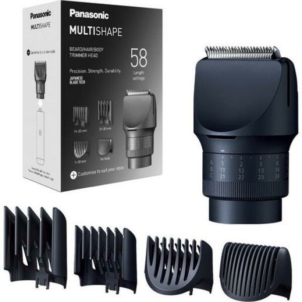 Testina del trimmer con accessori e confezione. Testina nera, pettini e scatola con immagine del prodotto e scritta Panasonic.