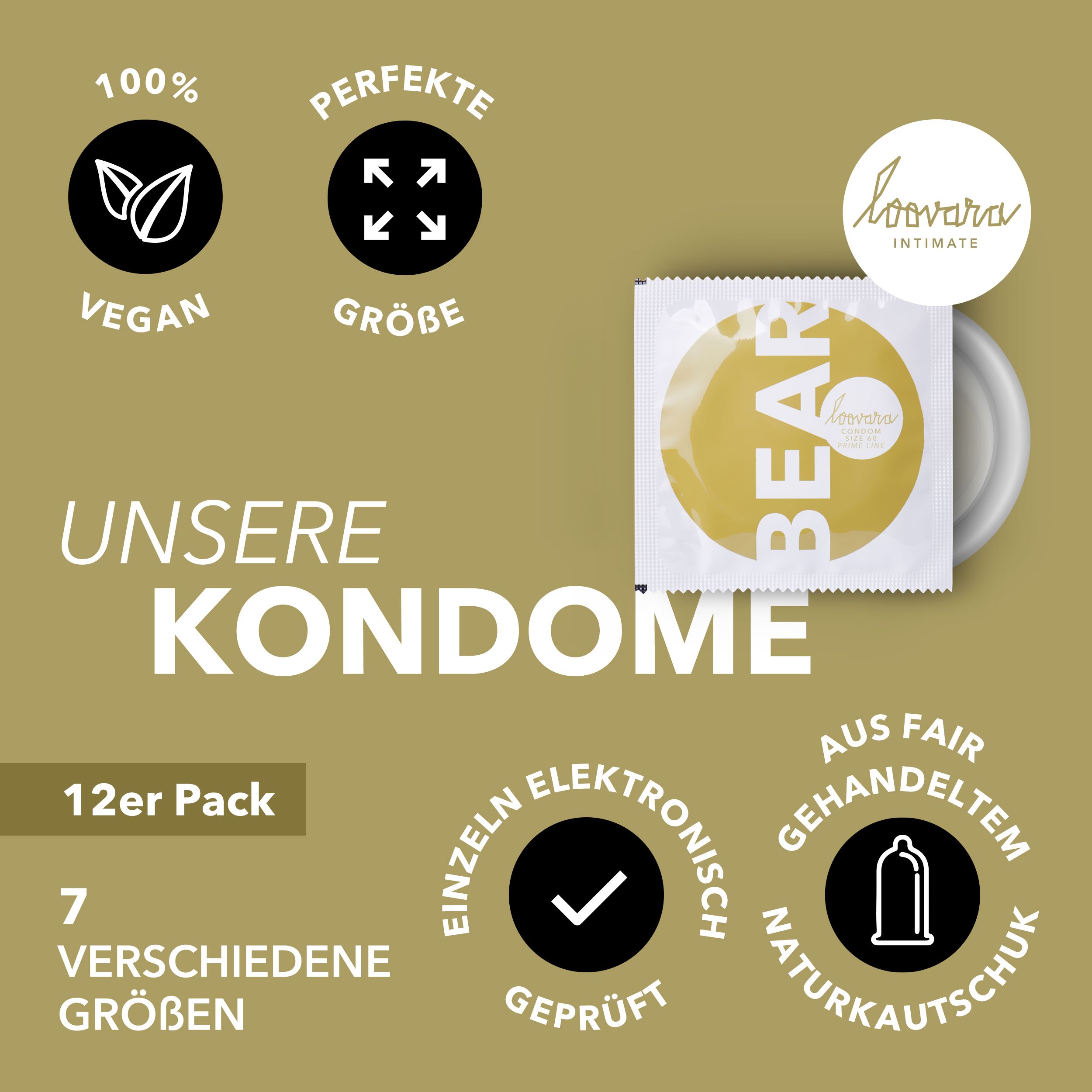 Preservativi Loovara: Pacco da 12, 7 taglie, vegan, testato elettronicamente.