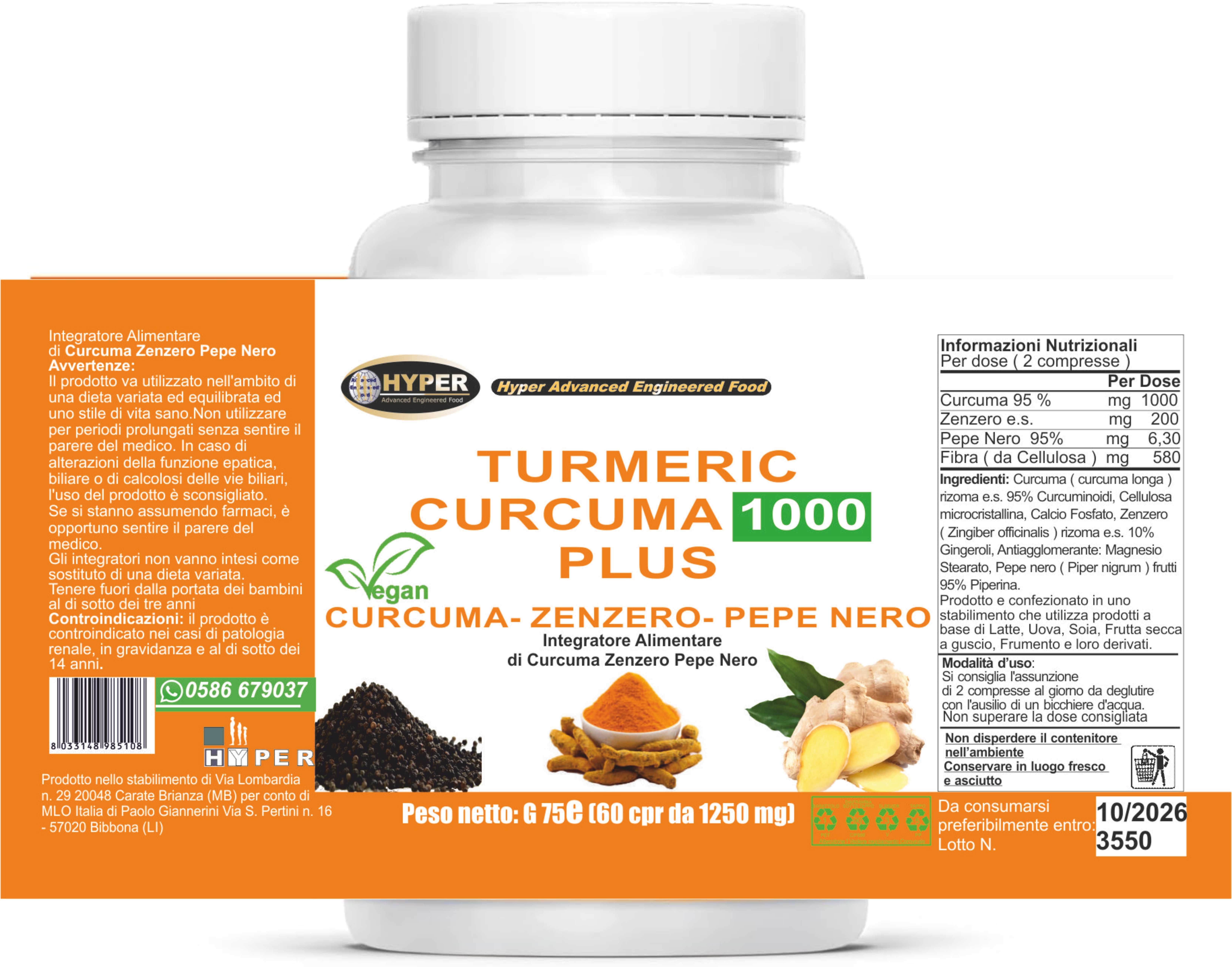 HYPER Turmeric Curcuma Plus 60 cpr Integratore Alimentare Curcuma Pepe Nero Zenzero Alto Dosaggio