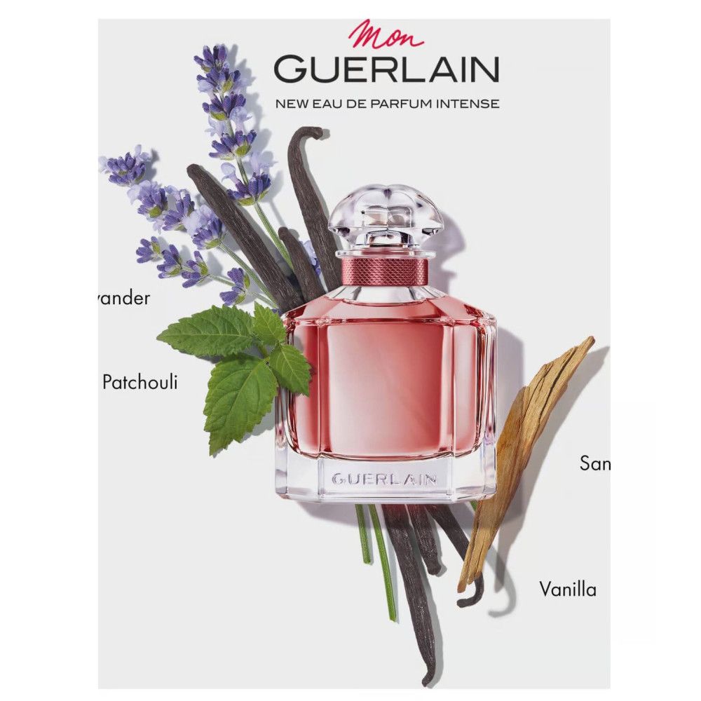 Flacone rosa con lavanda, vaniglia, patchouli e legno di sandalo. Scritta: Mon Guerlain.
