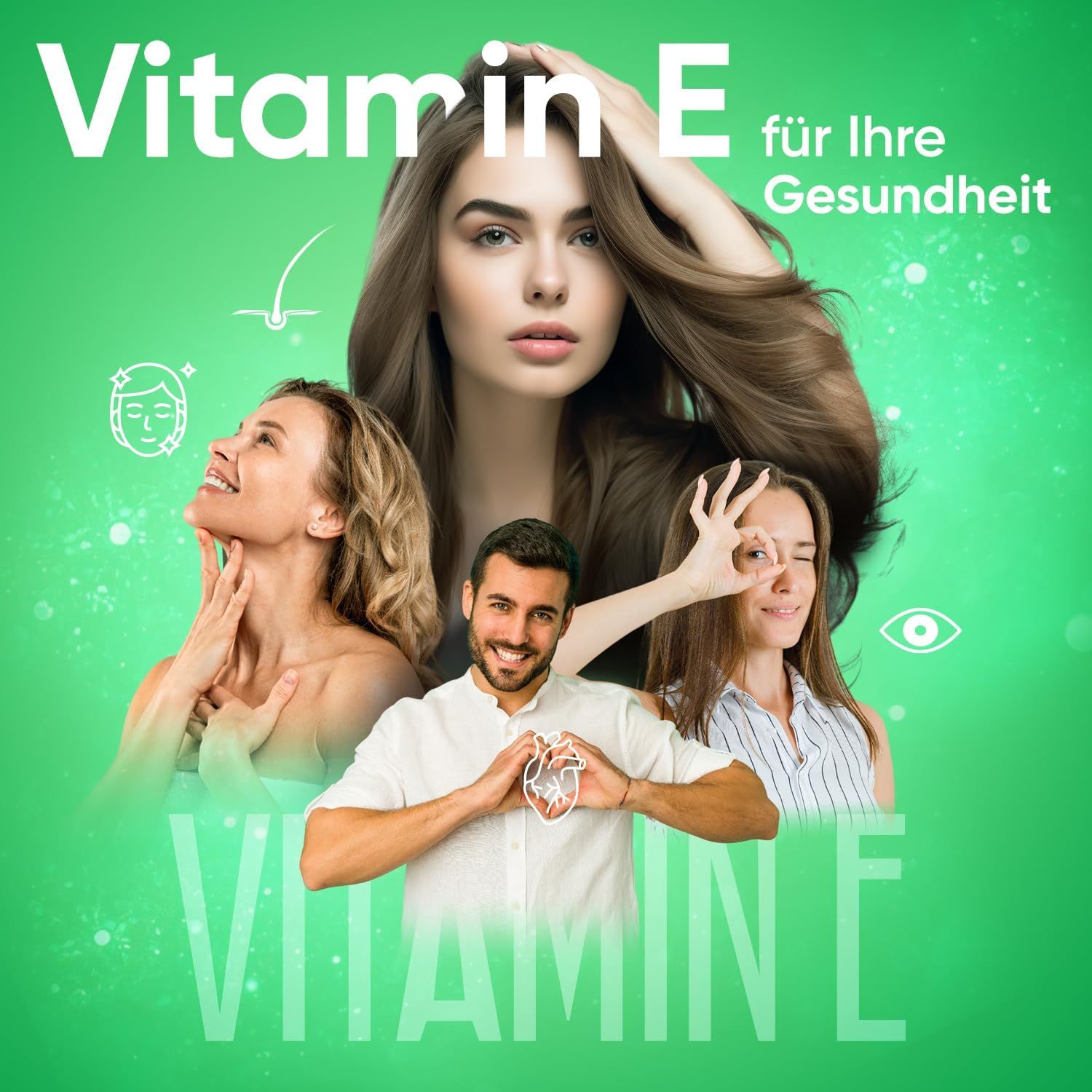 Pubblicità per la vitamina E. Persone con simboli di salute. Testo: Vitamina E per la tua salute.