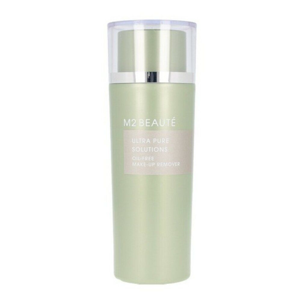 Flacone cilindrico verde con tappo trasparente. Etichetta M2 Beauté, Ultra Pure Solutions, Oil-Free Make-Up Remover.