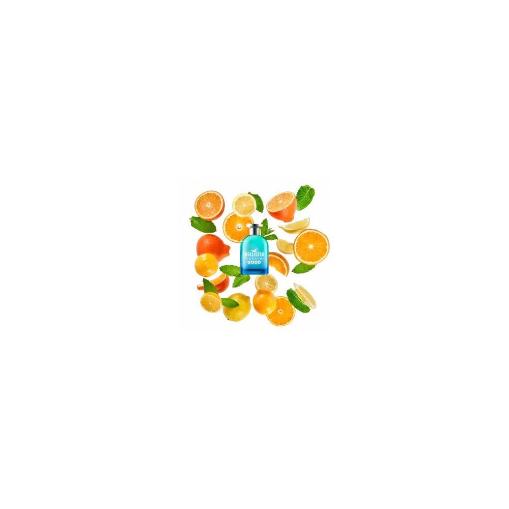 Flacone blu-verde circondato da fette di arancia e limone. Flacone con tappo argentato. Logo: gabbiano. Scritta: Hollister.