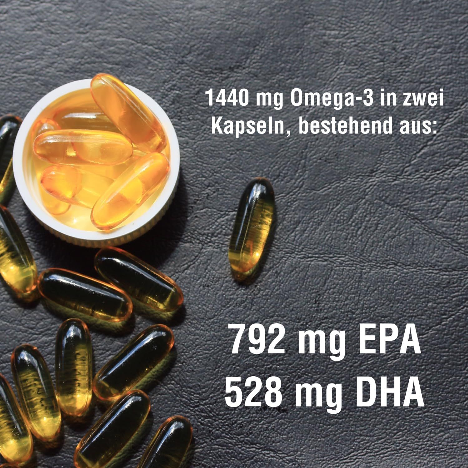 Capsule in una ciotola. Testo: 1440 mg di Omega-3 in due capsule, composte da: 792 mg di EPA, 528 mg di DHA. Capsule gialle.