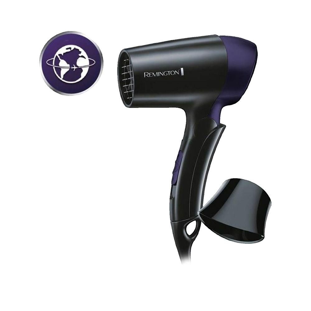 Asciugacapelli nero con dettagli viola e accessorio. Logo globo. Accessorio separato. Impugnatura con pulsanti.