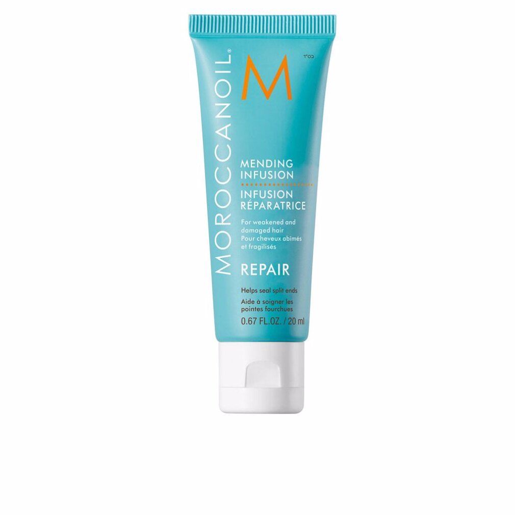 Tubo turchese con tappo bianco. Scritta: MOROCCANOIL, Mending Infusion, Repair. 0.67 FL.OZ./20 ml.