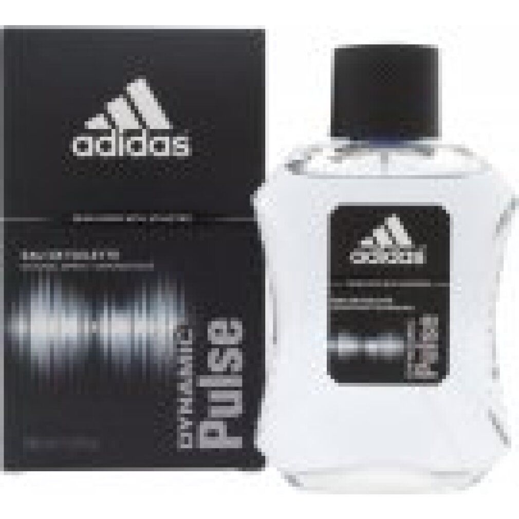 Flacone e confezione. Confezione nera con logo Adidas e scritta Dynamic Pulse. Flacone accanto.