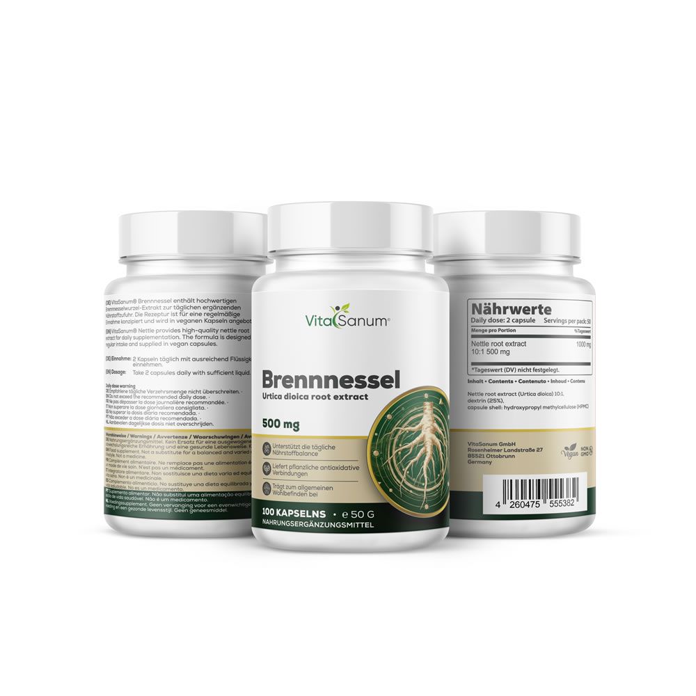 Tre flaconi bianchi. Flacone centrale: VitaSanum Brennnessel 500 mg. Illustrazione radice. 100 capsule.