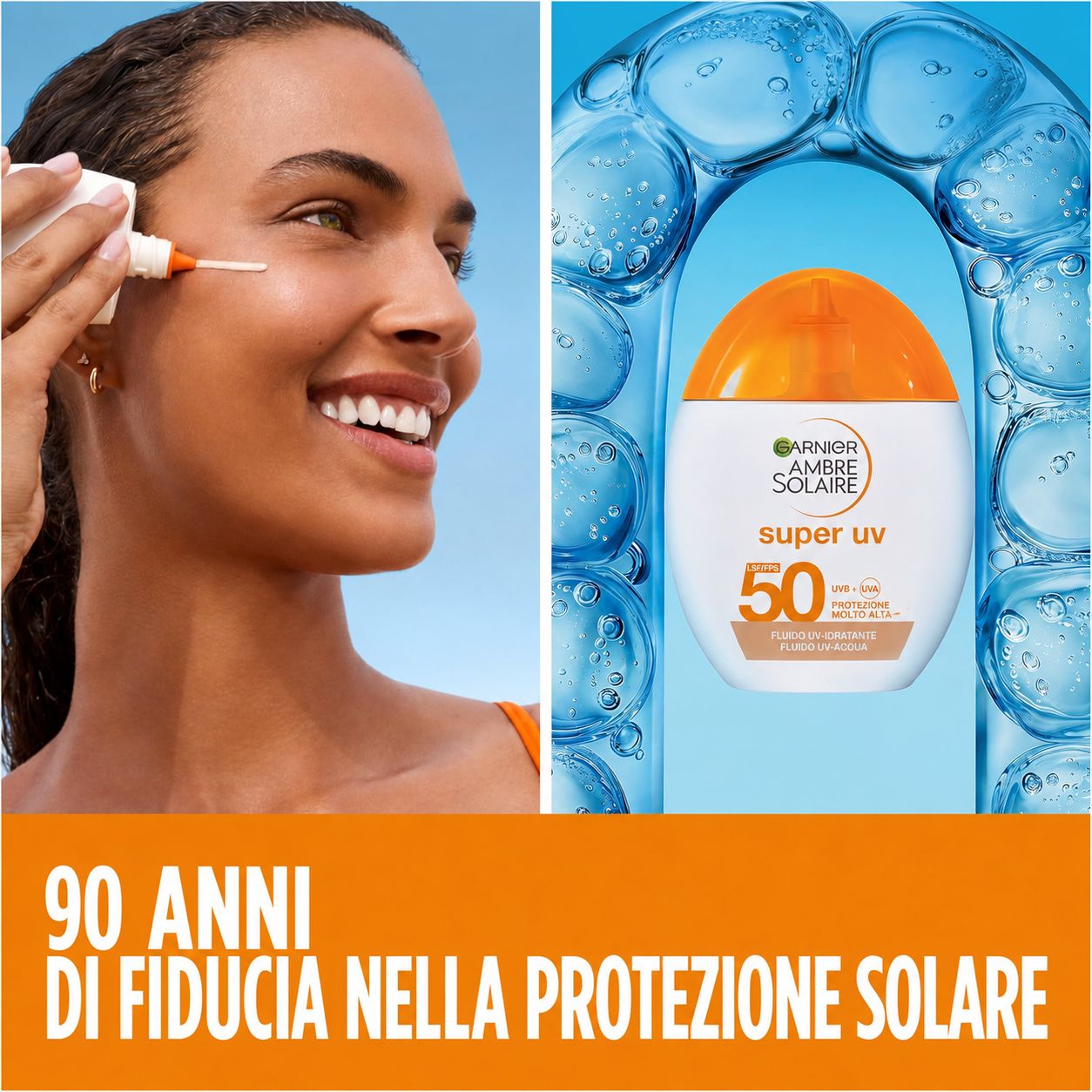 Prodotto e donna. Flacone con tappo arancione. Testo: 90 anni di fiducia nella protezione solare.