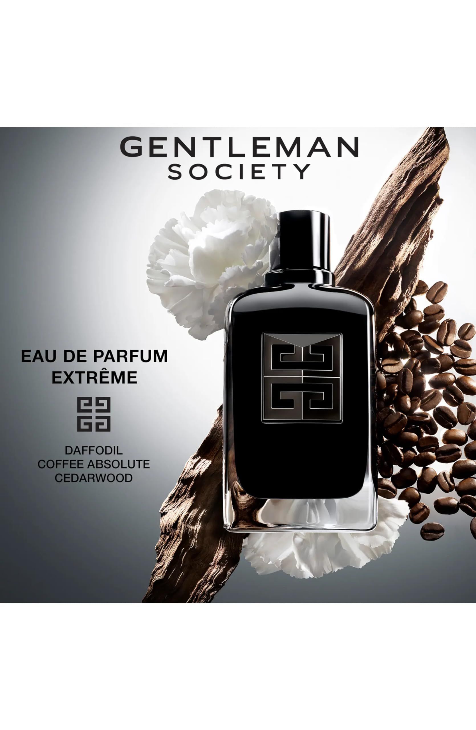 Flacone nero con logo argentato. Testo: Gentleman Society, Eau de Parfum Extreme. Con chicchi di caffè e legno.
