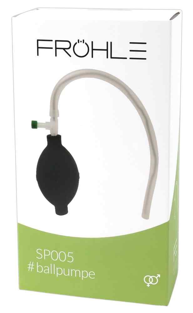 Confezione prodotto con pompa a sfera nera, tubo trasparente e valvola verde. Marchio Fröhle, modello SP005.