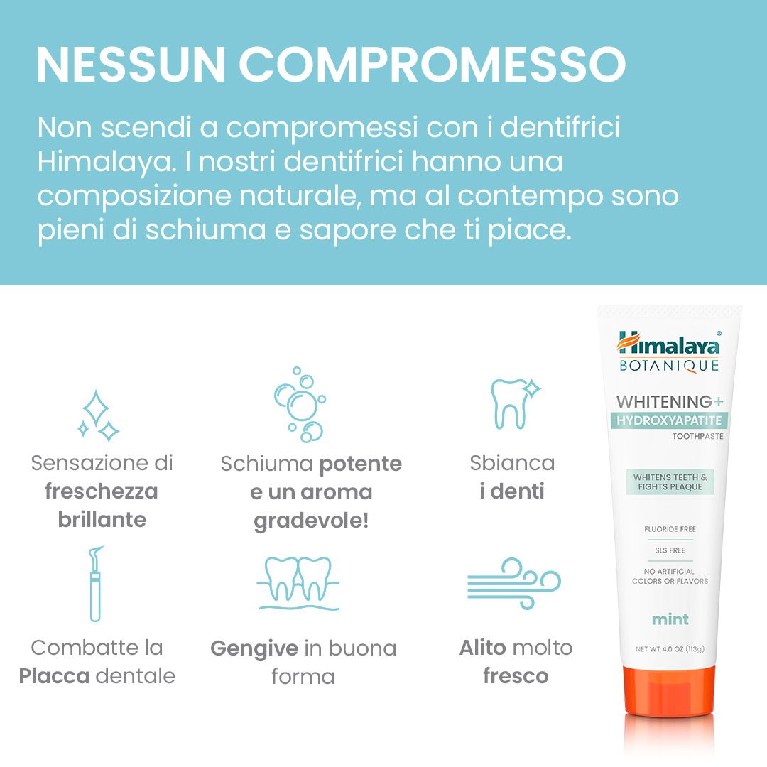 Dentifricio Himalaya Botanique Whitening con icone per freschezza, schiuma, sbiancamento, placca, gengive, alito.
