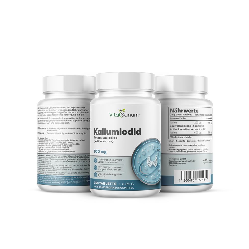 Tre flaconi 'VitaSanum Kaliumiodid'. Scritta: 250 compresse. Retro con informazioni nutrizionali e ingredienti.