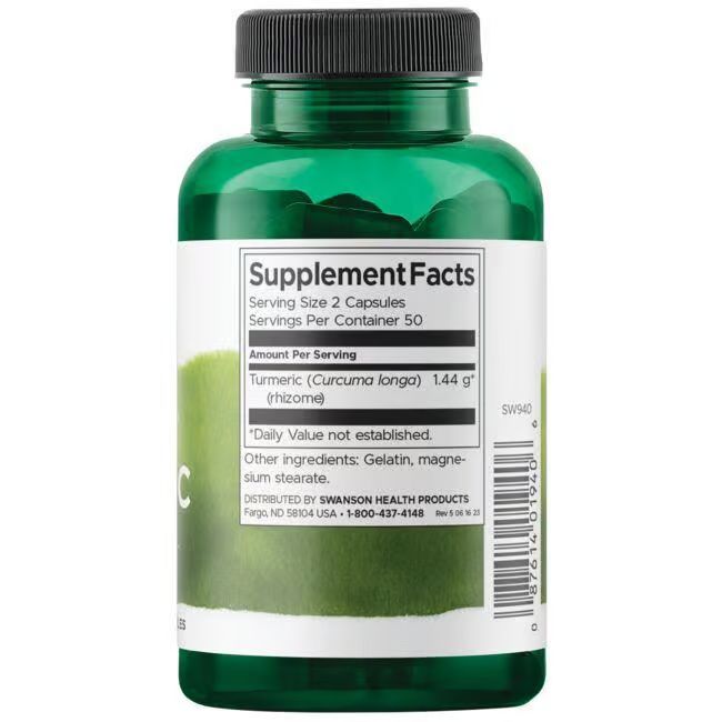 Flacone verde con tappo nero. Etichetta con informazioni sul prodotto: Swanson Curcuma 720 mg, ingredienti, dosaggio.