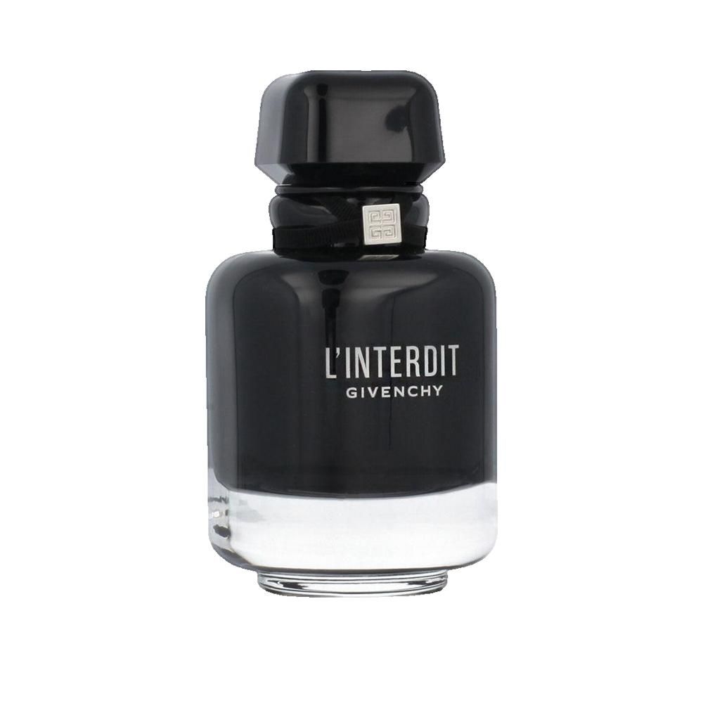 Flacone nero con tappo nero. Scritta L'Interdit Givenchy. Base trasparente.
