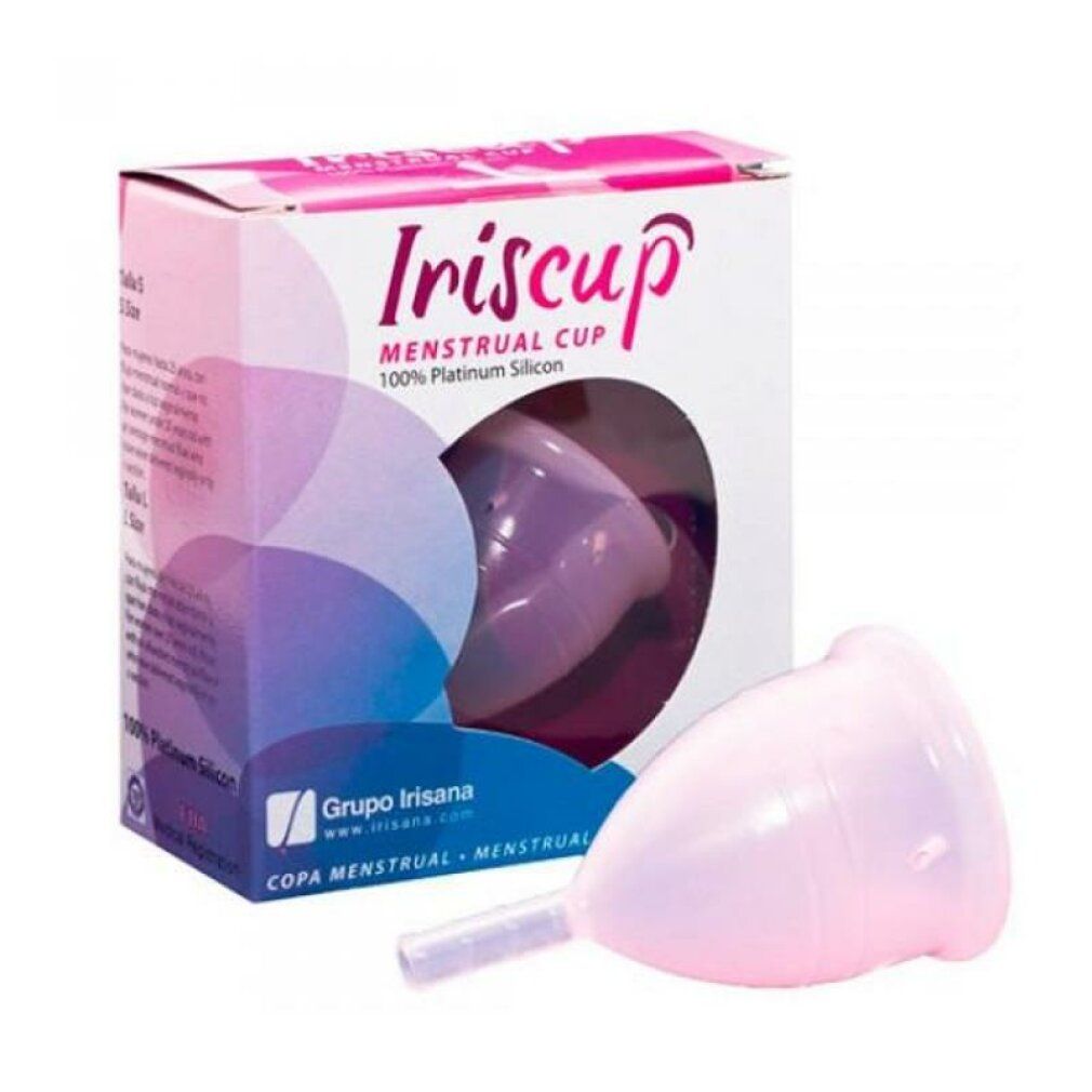 Coppetta mestruale Iriscup in silicone platino 100% rosa, accanto alla sua confezione.