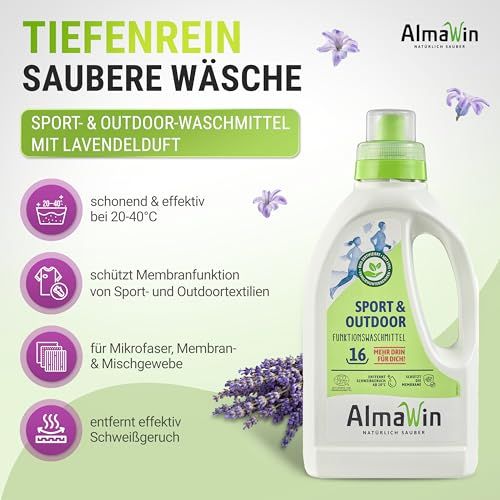 Detersivo AlmaWin Sport & Outdoor profumo lavanda, flacone con istruzioni per l'uso.