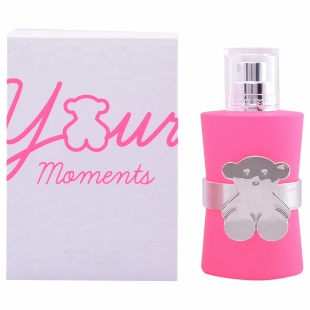 Flacone rosa con orsetto argentato e confezione bianca con scritta "Your Moments".
