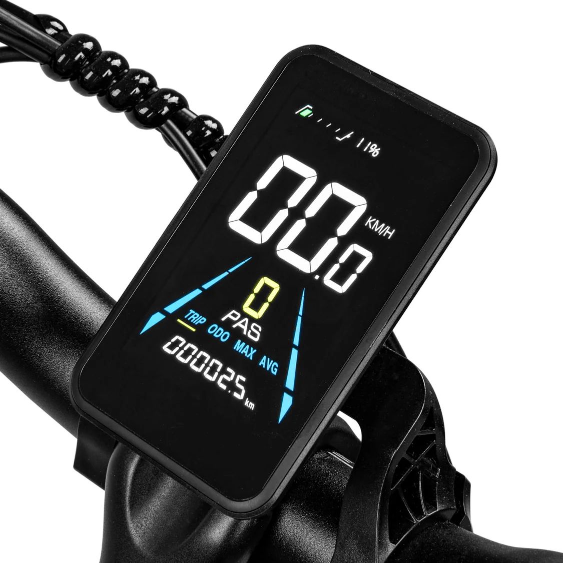 Display bici con indicatore digitale. Velocità, chilometri, indicatore batteria. Cornice nera, testo blu e bianco.