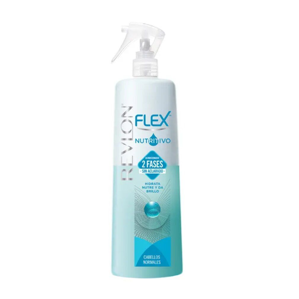 Flacone spray bianco-azzurro con logo "Revlon Flex" e scritta "2 Fases". Per capelli normali.