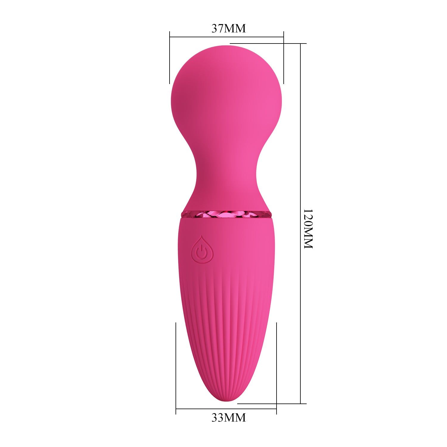 Vibratore rosa con estremità arrotondata e base scanalata. Dimensioni: 120x37x33mm.