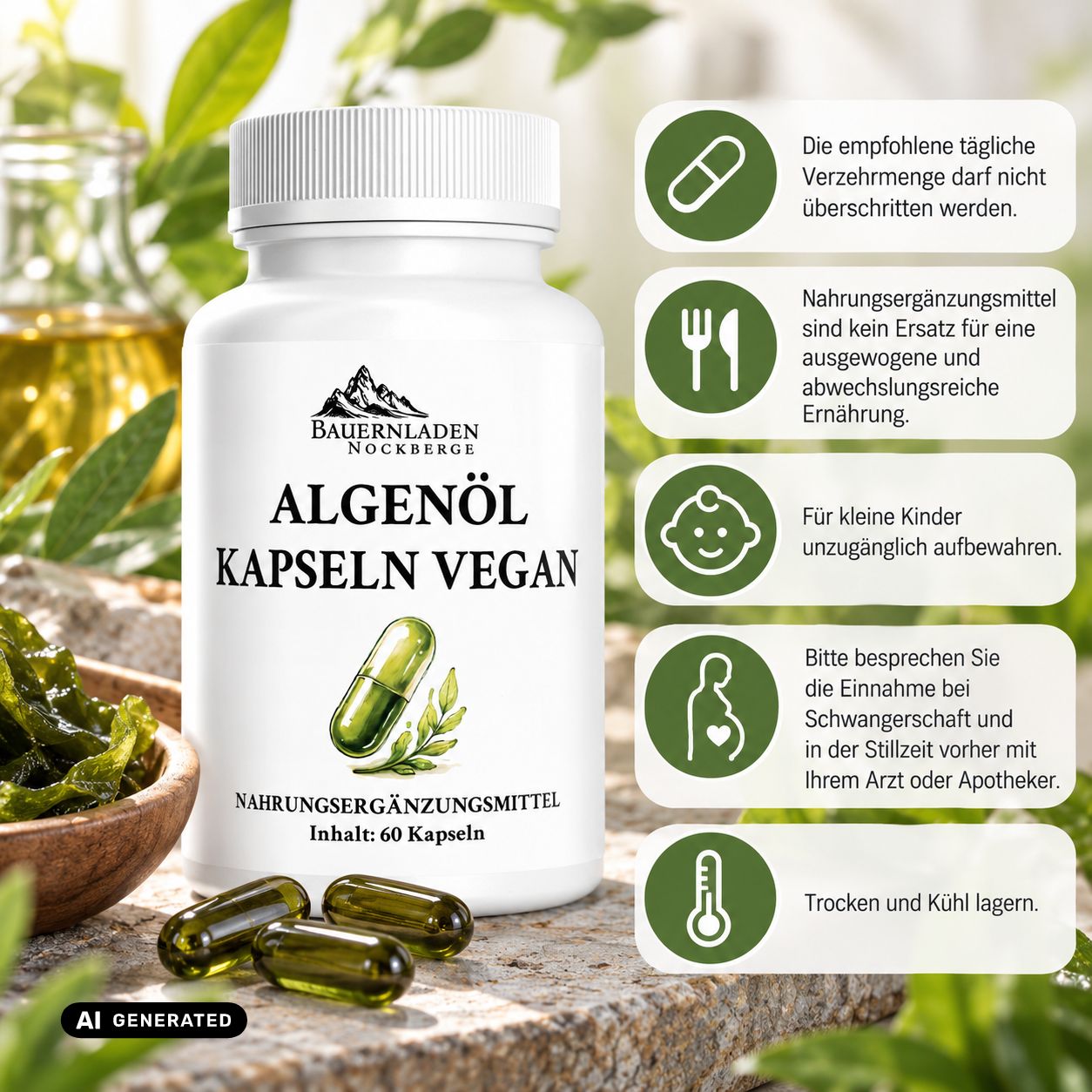 Capsule di olio di alghe, vegane. Flacone bianco da 60 capsule. Indicazioni su dosaggio e conservazione.
