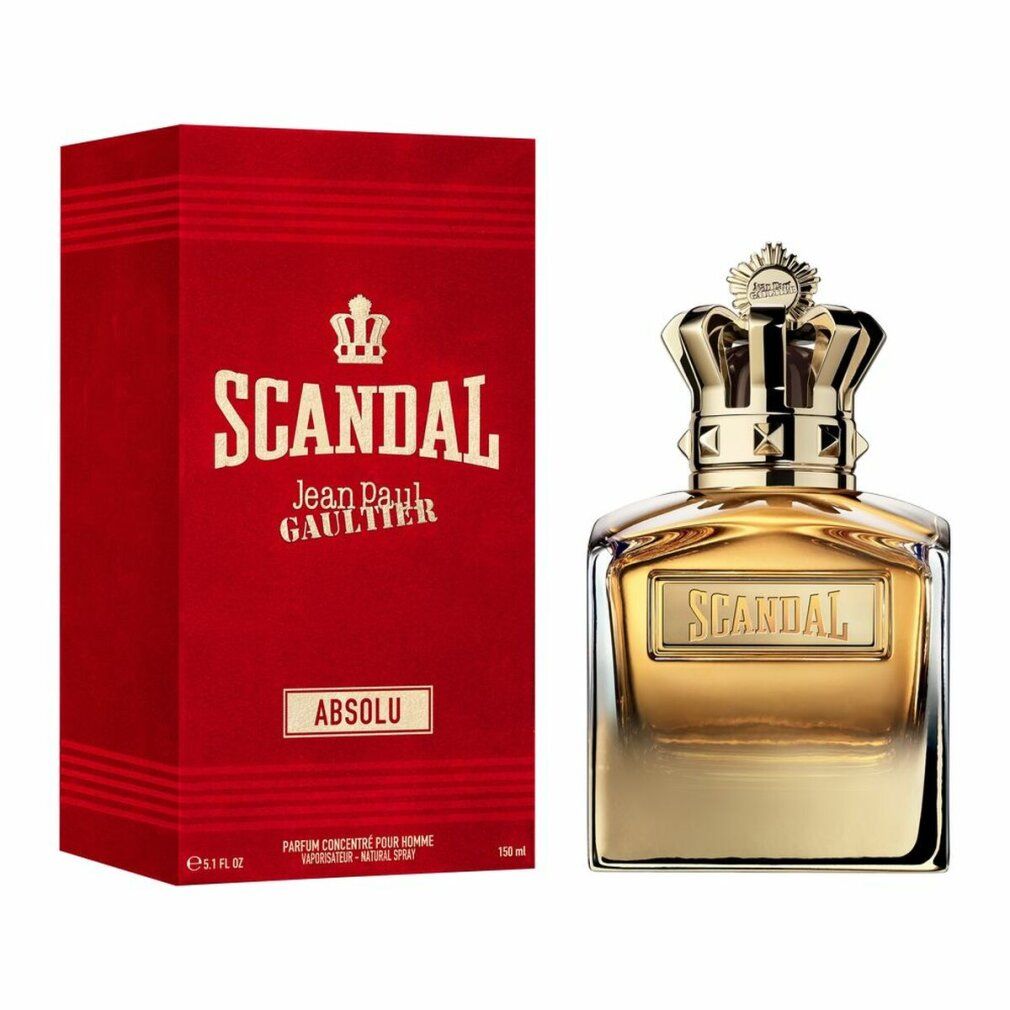 Flacone di profumo dorato con tappo a corona, accanto a confezione rossa con scritta "SCANDAL".