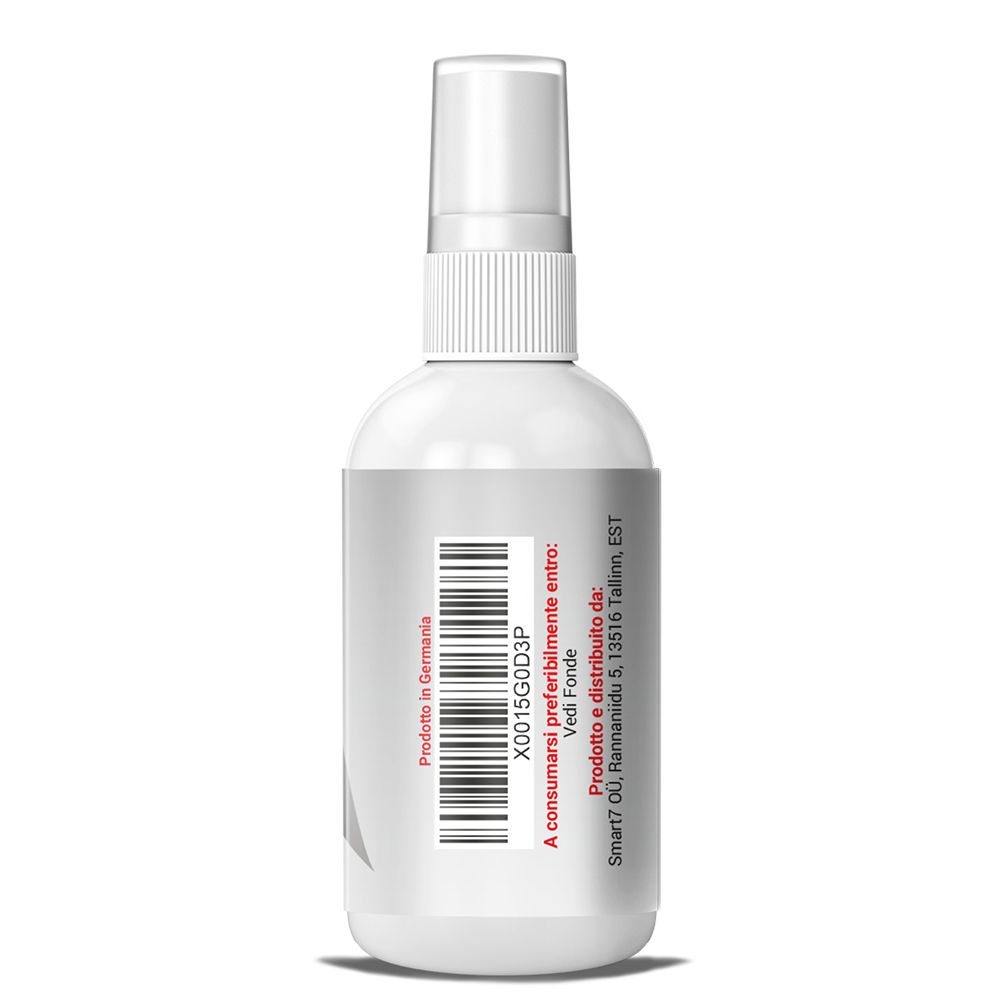Retro di un flacone spray bianco con codice a barre. Testo: Prodotto in Germania. Da consumarsi preferibilmente entro: Vedi Fondo.