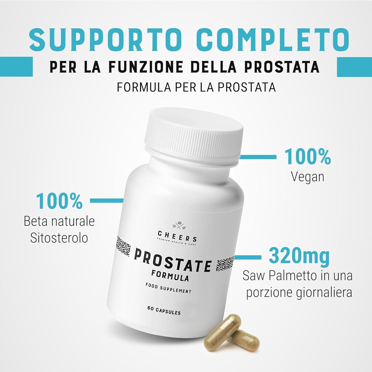 Flacone bianco con capsule. Scritta: PROSTATE FORMULA. 60 capsule. 100% vegano. 320mg Saw Palmetto. 100% Beta-Sitosterolo.
