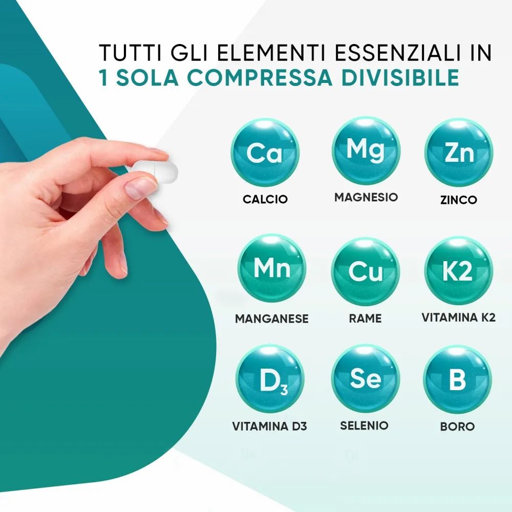 Mano che tiene una compressa. Testo: Tutti gli elementi essenziali in 1 compressa divisibile. Calcio, Magnesio, Zinco, Manganese, Rame, K2, D3, Selenio, Boro.