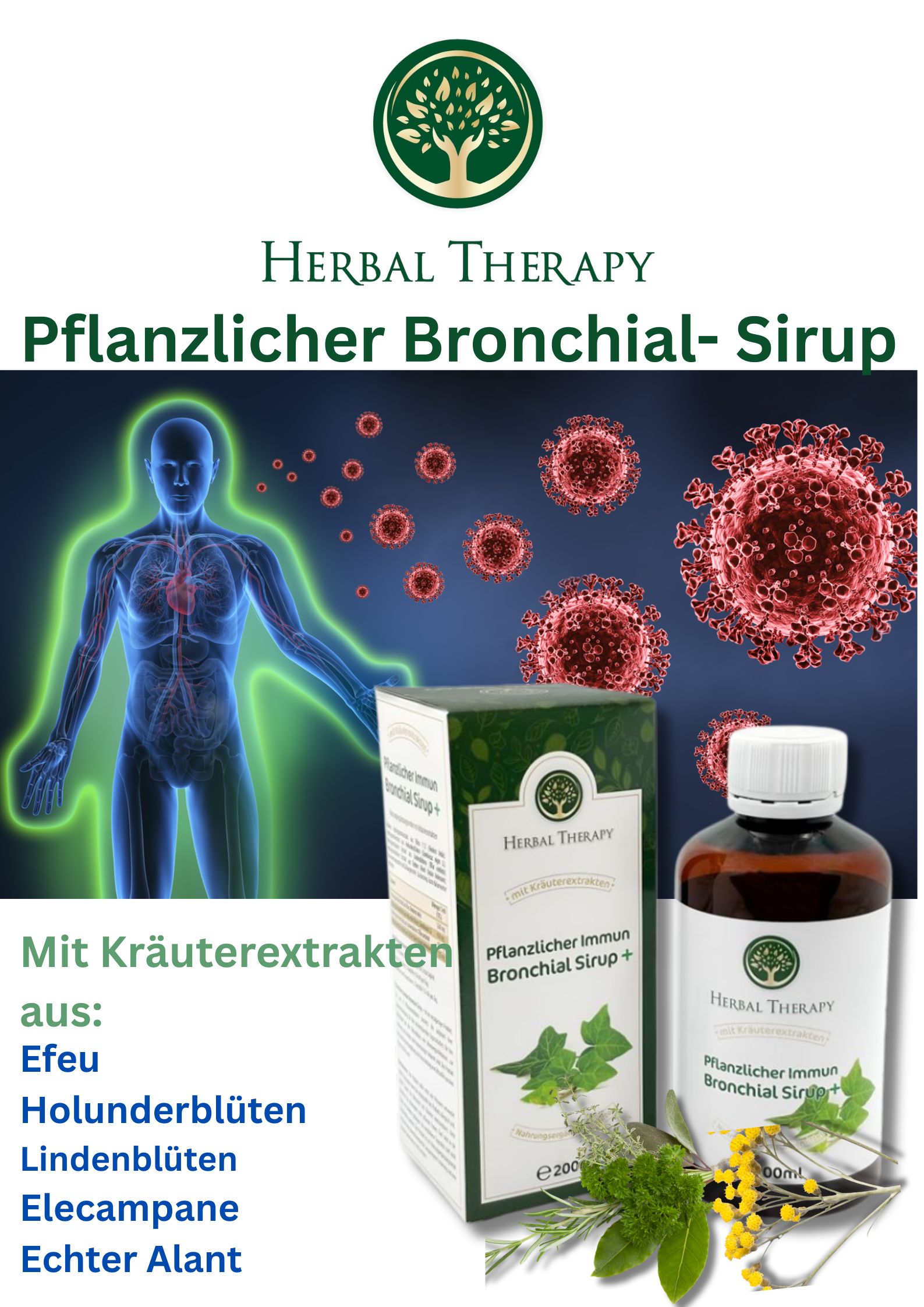 Poster pubblicitario con Herbal Therapy. Sciroppo Bronchiale Vegetale. Bottiglia e confezione. Con estratti di erbe. Sfondo blu.