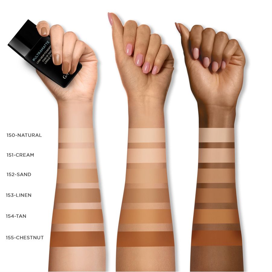 Tre braccia con campioni di colore. Scritta: 150-NATURAL, 151-CREAM, 152-SAND, 153-LINEN, 154-TAN, 155-CHESTNUT. Flacone nero.