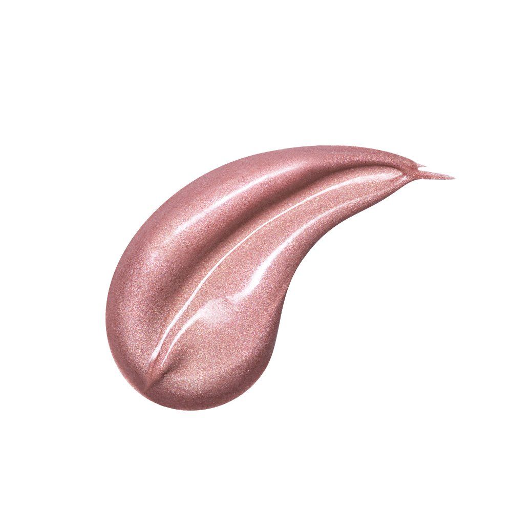 Una goccia di Mia Make-up Glow on illuminante liquido. La texture è lucida e rosa. La forma è a goccia con un'estremità affusolata. La superficie riflette la luce.