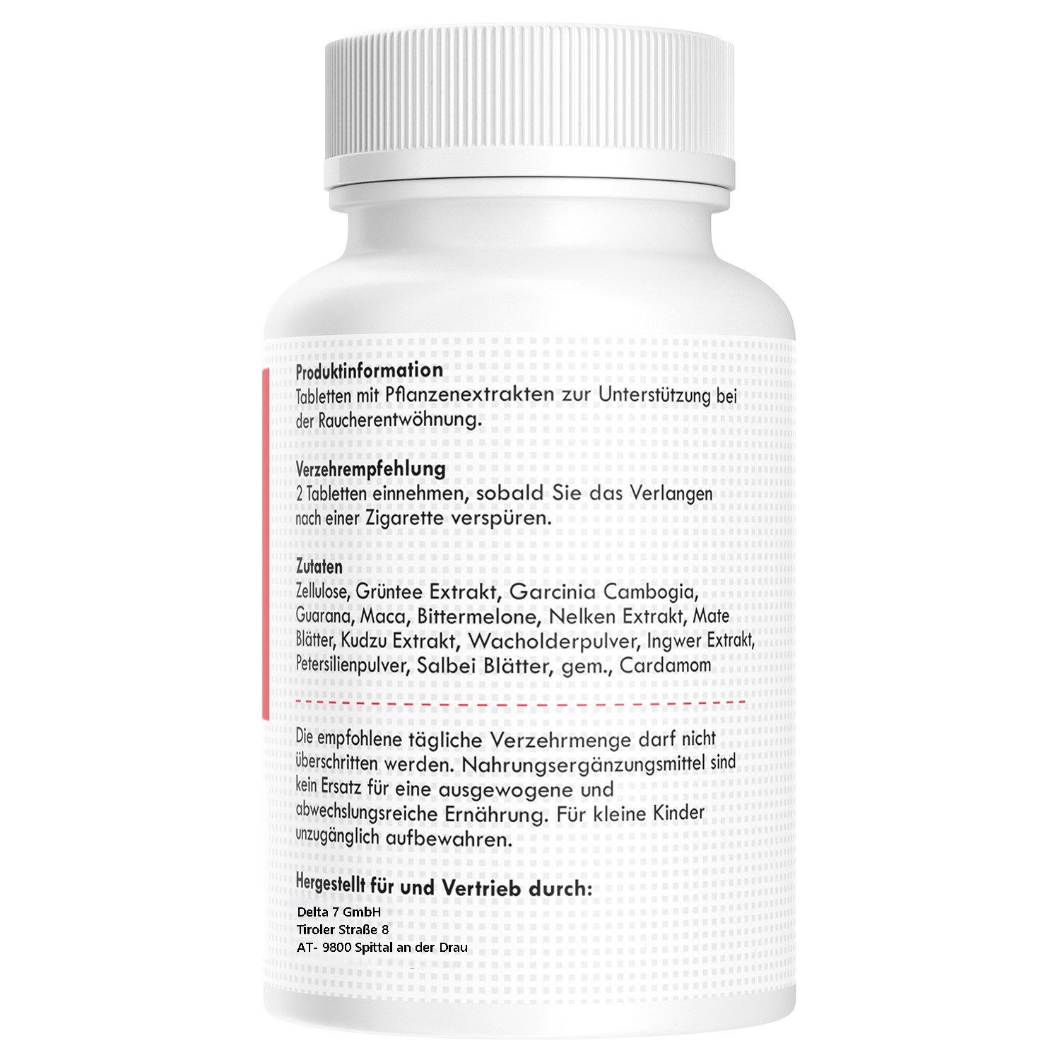 Retro del flacone di compresse bianco. Testo: Informazioni sul prodotto, raccomandazioni per l'uso, ingredienti, informazioni del produttore.