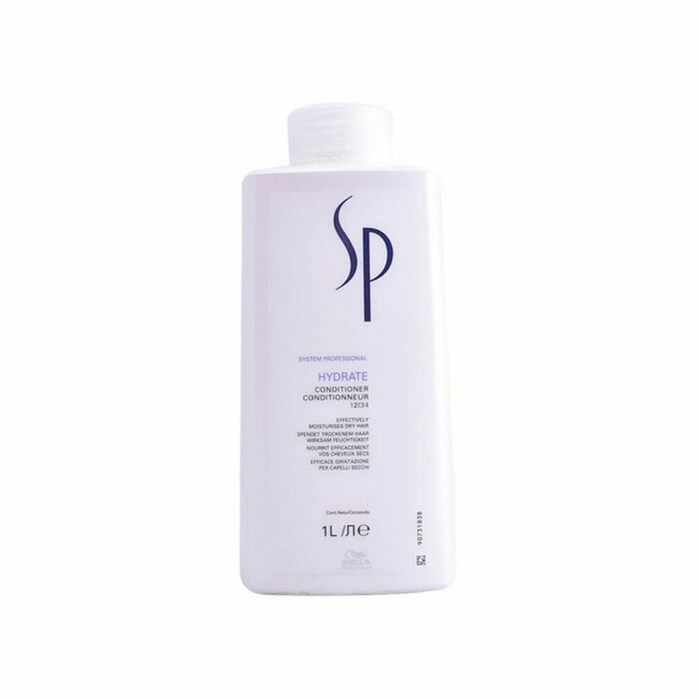 Flacone bianco rettangolare con tappo bianco. Scritta SP, Hydrate Conditioner. 1L.