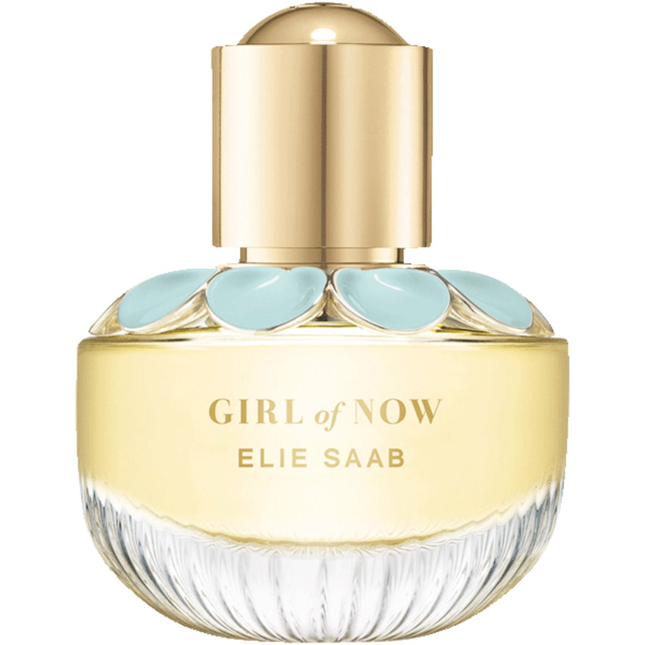 Tappo dorato su una bottiglia di vetro con profumo giallo. Petali azzurri adornano il collo. Testo: GIRL of NOW ELIE SAAB.