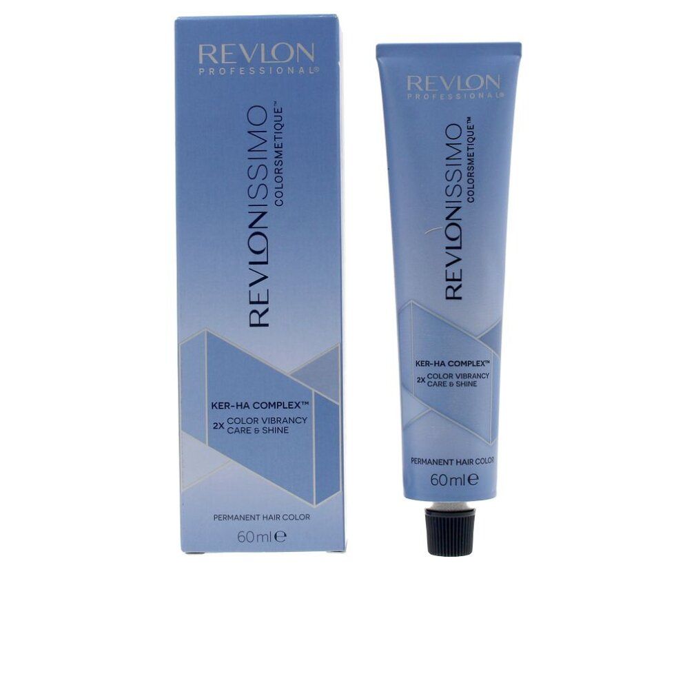 Tubo e scatola di tinta per capelli. Scritta: Revlonissimo Colorsmetique. 60ml. KER-HA COMPLEX. Tinta permanente.