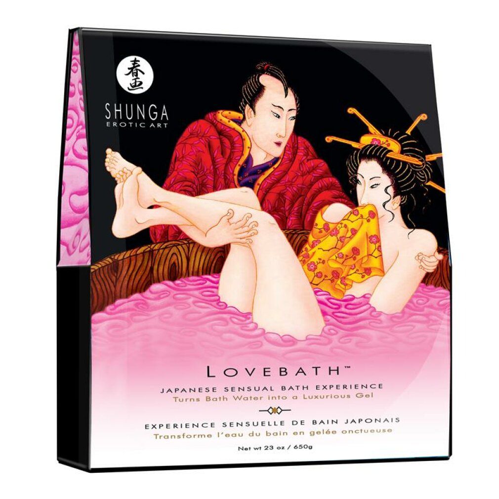 Confezione con illustrazione di una coppia in una vasca da bagno. Testo: LOVEBATH, SHUNGA EROTIC ART. Contenuto: 650g.