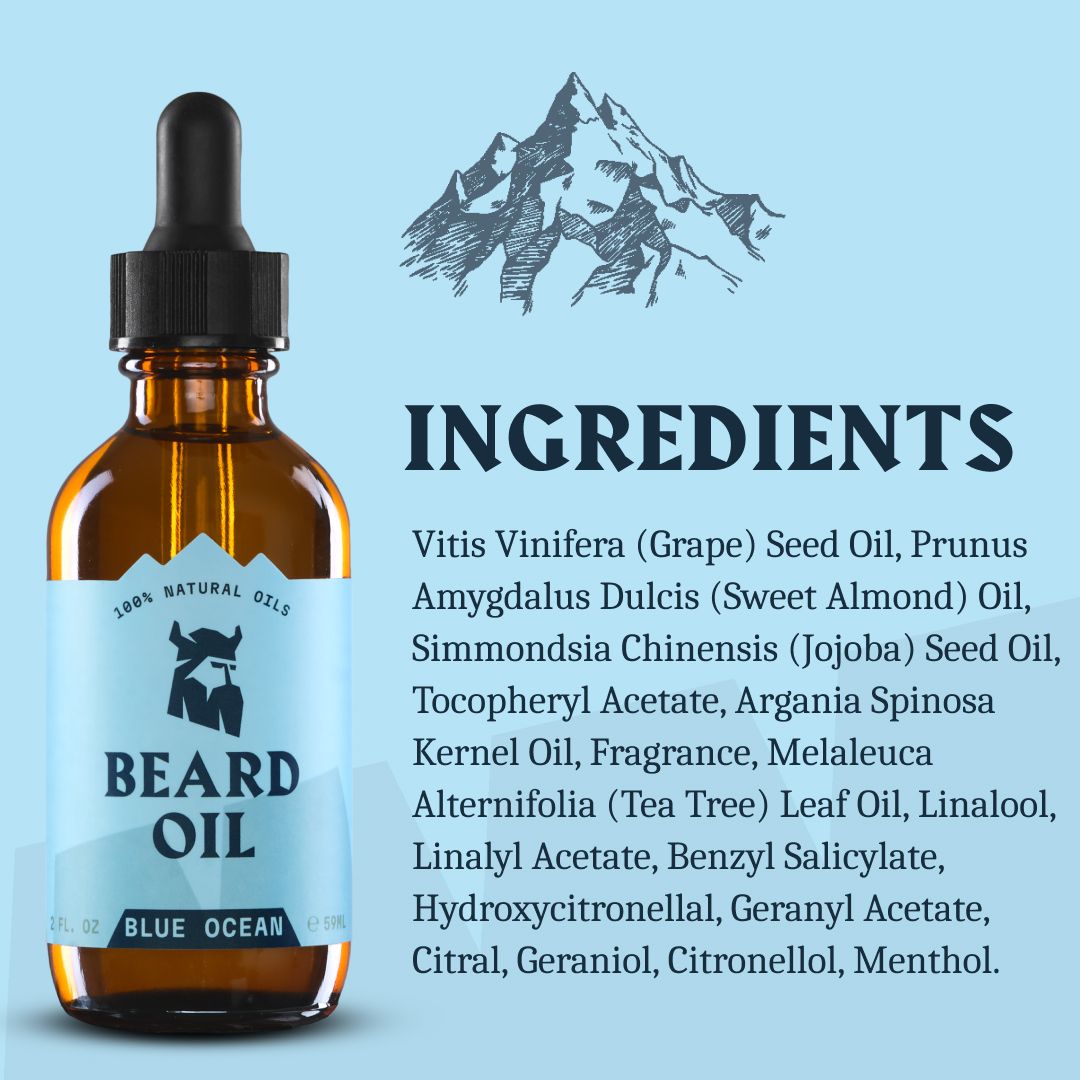 Olio da barba Striking Viking 'Blue Ocean' con elenco ingredienti, flacone di vetro marrone con contagocce e motivo montano.