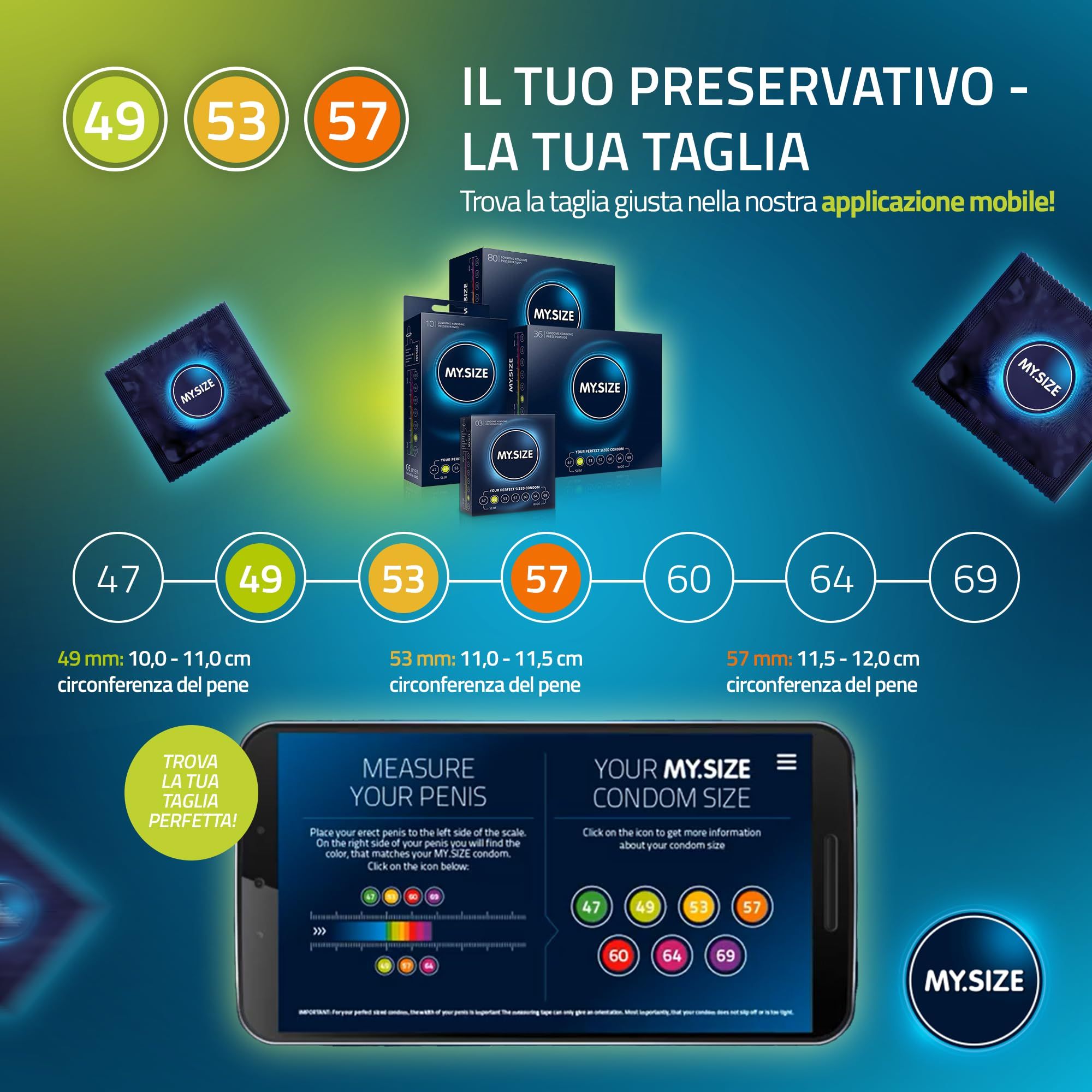 Smartphone che mostra una guida alle taglie per preservativi MY.SIZE. Misure 47-69mm. Nota sull'app.