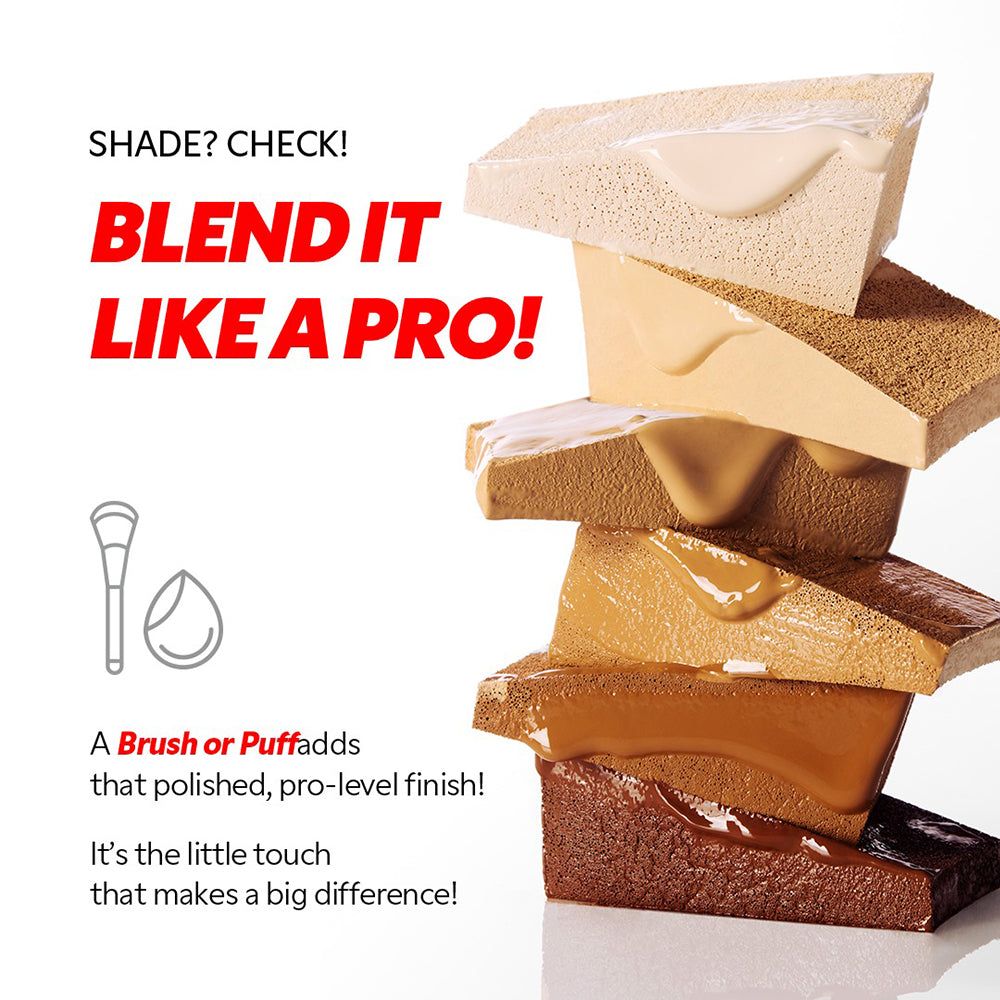 TIRTIR Mask Fit Red Foundation su spugne. Icona pennello e spugna. Testo: BLEND IT LIKE A PRO!