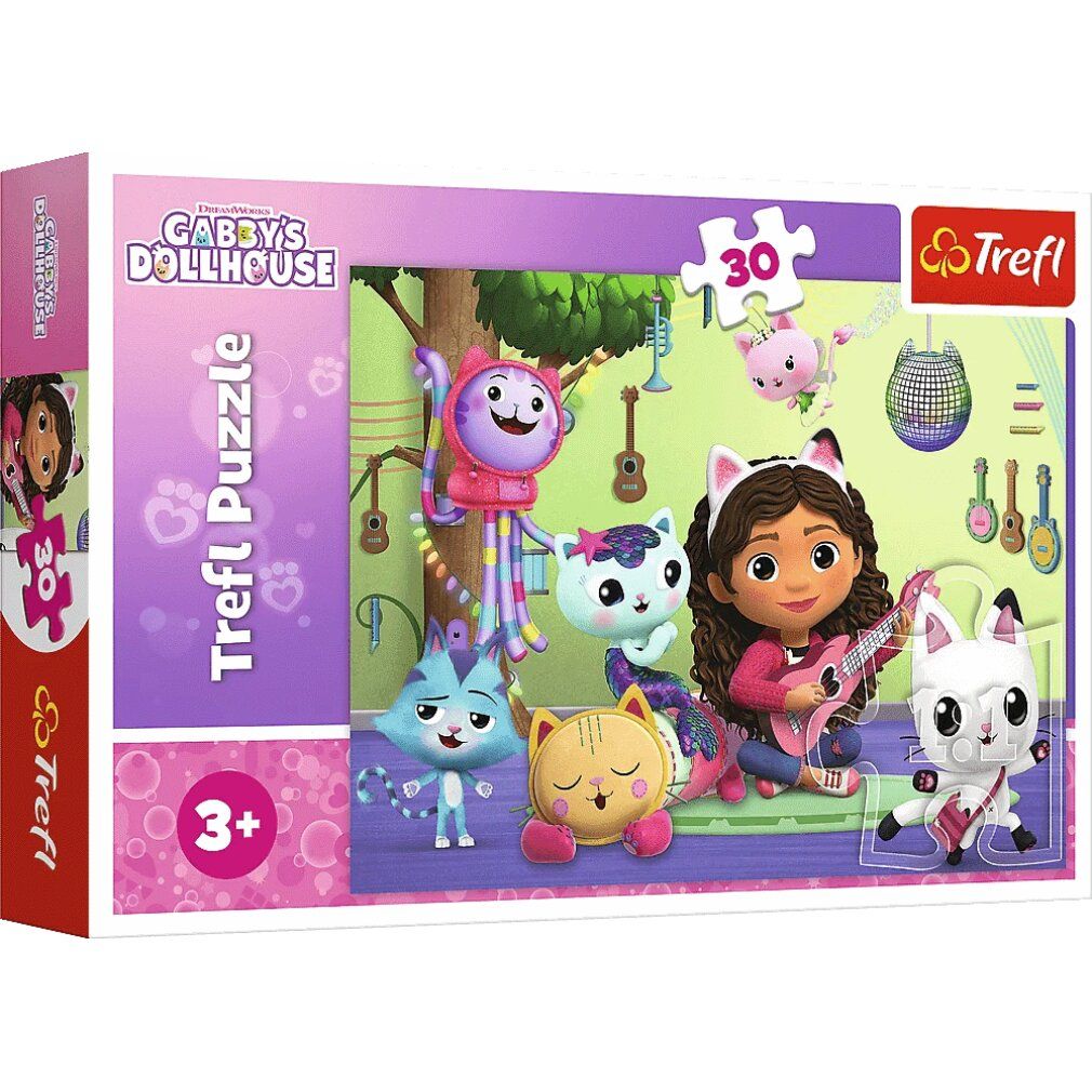 Puzzle Trefl, 30 pezzi, confezione. Motivo con Gabby e personaggi di gatti. Logo e raccomandazione di età 3+.